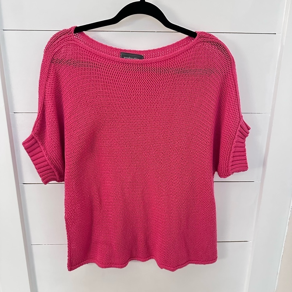 WOODEN SHIPS S/M Open Knit pink cap sleeve cotton blend lightweight sweater boho